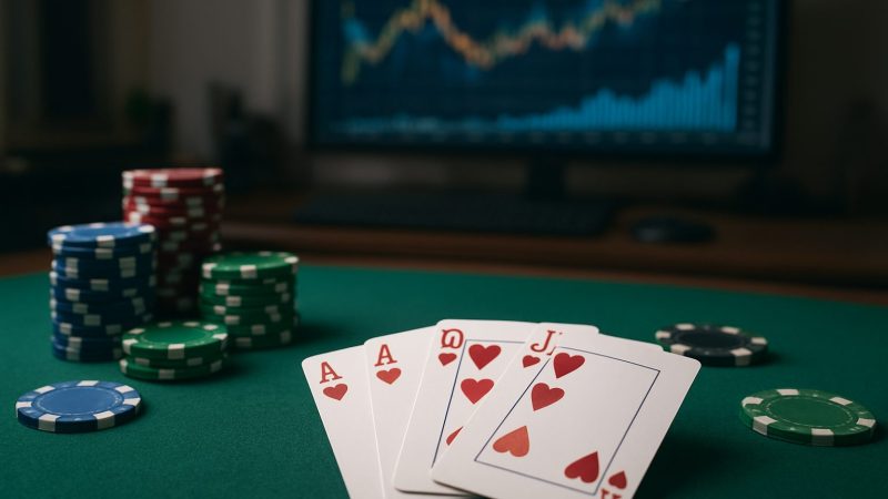 Playing cards and poker chips on a green felt table with a blurred financial chart in the background