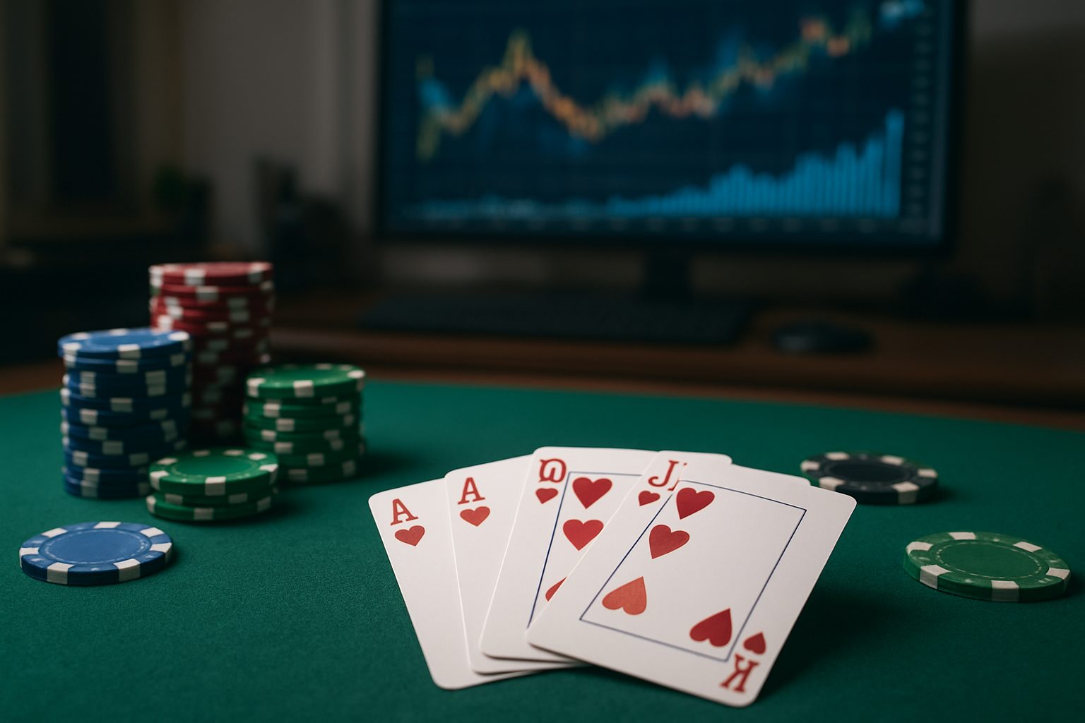Playing cards and poker chips on a green felt table with a blurred financial chart in the background
