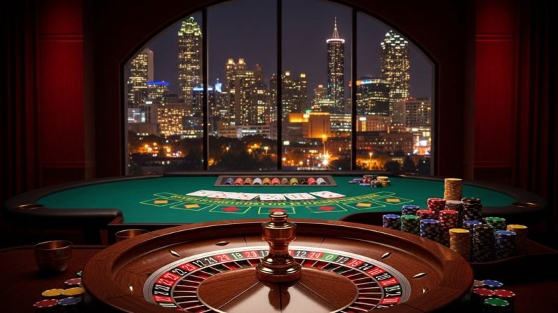 A roulette table with poker chips and playing cards in a casino setting, overlooking a city skyline at night.