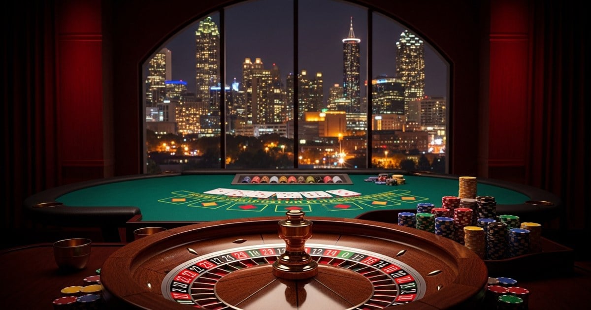 A roulette table with poker chips and playing cards in a casino setting, overlooking a city skyline at night.