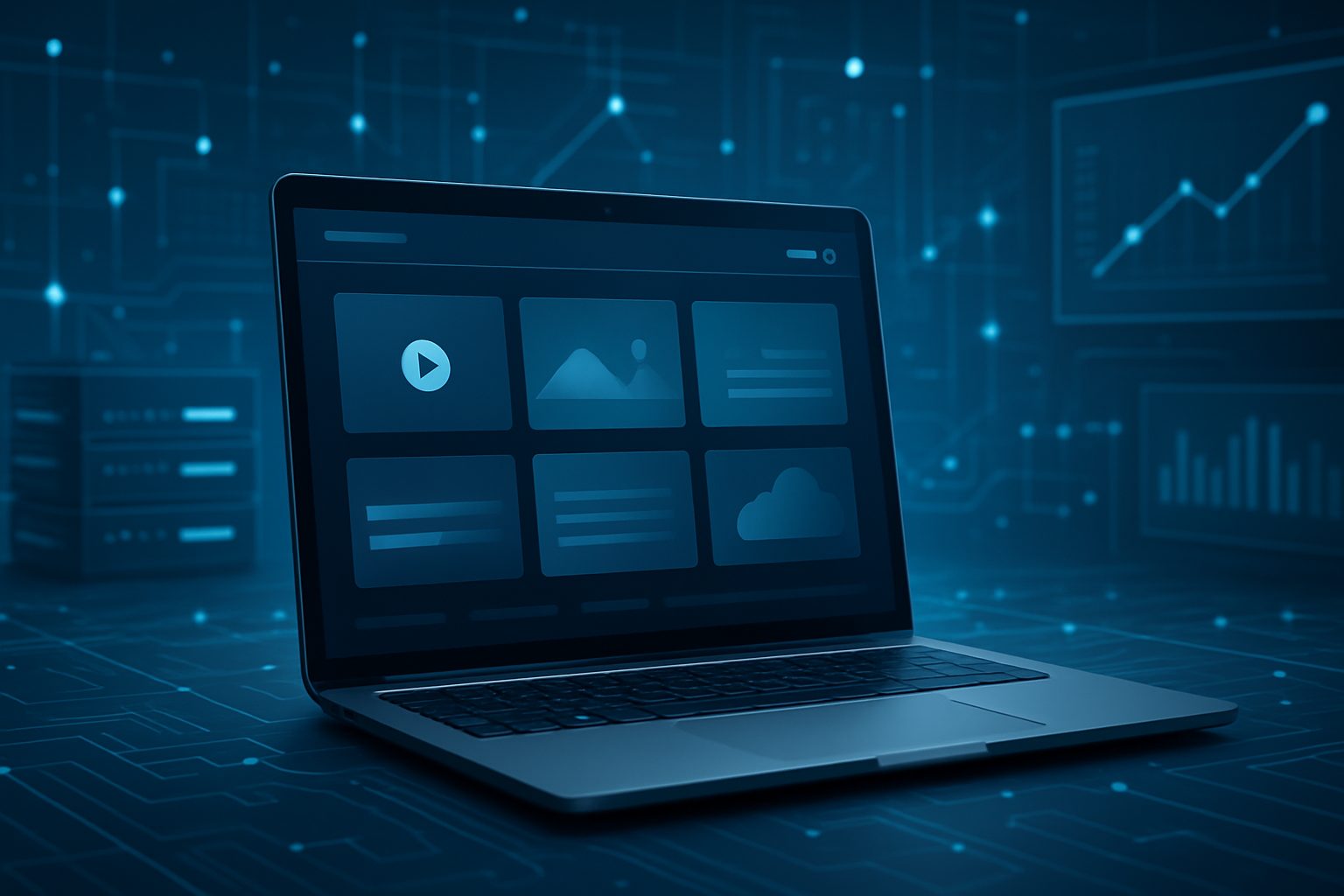A laptop with a dark user interface displaying various entertainment options, set against a tech-inspired background.