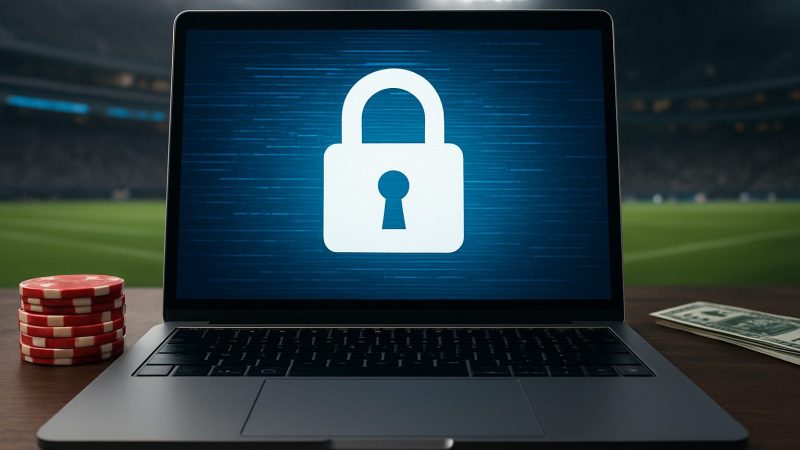 A laptop displaying a padlock symbol, with casino chips and money on a wooden table, set against a blurred sports backgr