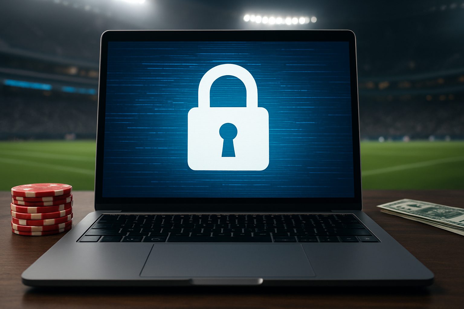 A laptop displaying a padlock symbol, with casino chips and money on a wooden table, set against a blurred sports backgr